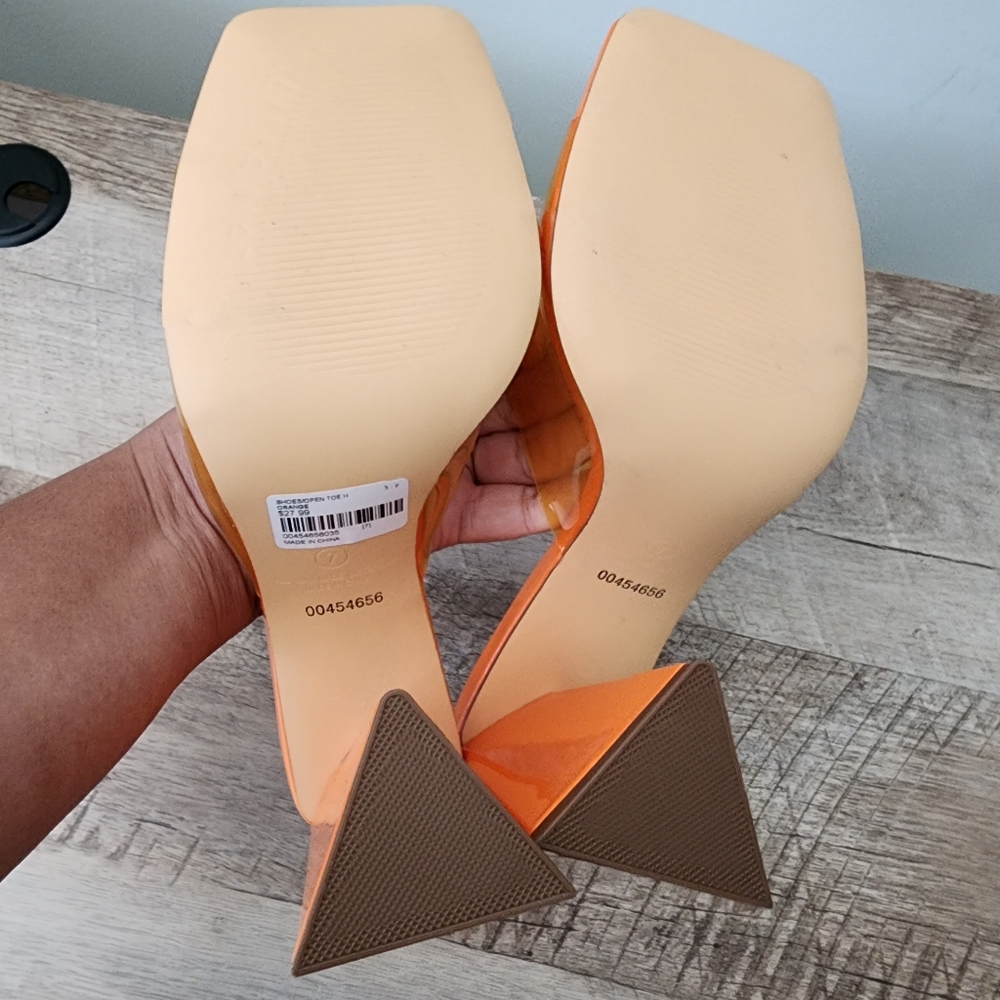 Liliana Orange Block Heel Mules with Clear Yellow Accents - Picture 3 of 5